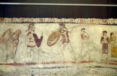 Battle scene between two warriors, fresco from Necropolis in Andriuolo-Laghetto in Paestum, Campania, Italy, Ancient Greek civilization, Magna Graecia, 4th century BC