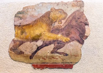 Detail of a Roman mural of a lion attacking a horse