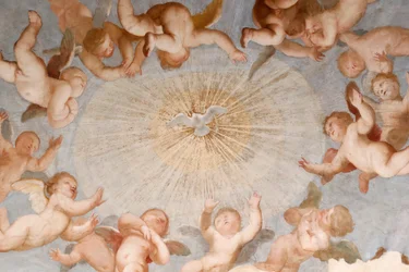 Dove of holy spirit. Fresco. The Basilica della Santissima Annunziata del Vastato. Genoa. Italy.