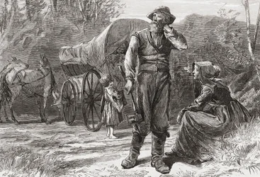 Family with covered wagon