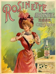 Elegant woman dressed in Belle Epoque fashion tasting a glass of absinthe