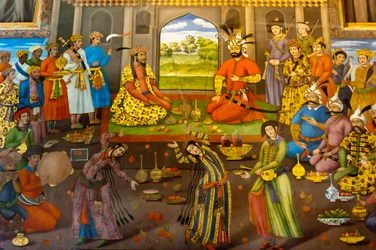 Fresco; Banquet with Dancing Girls; Shah Tahmasp Receives the Indian Mughal Emperor Homayun; 1544; Chehel Sotoun; Forty Pillars Palace; Isfahan; Iran; Asia