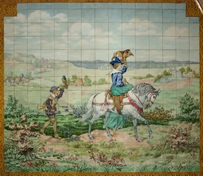 Interior view, tile panel, painter Furcy Ernest Tondeur, executed by Boch Frères La Louvière, second panel, hunting scene with a nobleman and a noblewoman with falcons