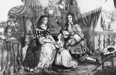 King Louis XIV and his daughter begging the Duchess Louise de La Valliere not to retreat into the convent