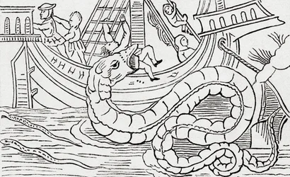 Man being eaten by a sea serpent