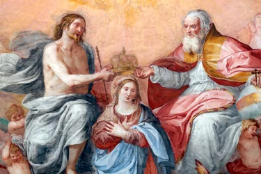 The Coronation of the Virgin. Fresco. The Basilica della Santissima Annunziata del Vastato. Genoa. Italy.