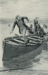 Captain James Cook jumps out of his boat as the Red Indians jump in