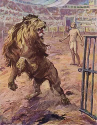 The lion halted abruptly in the arena, raised itself half on end, uttered a baffled howl