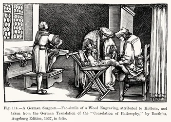 A German Surgeon, from Consolation of Philosophy by Boethius, illustration from Science and Literature in the Middle Ages and Renaissance, written and engraved by Paul Lacroix, 1878