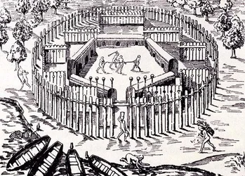 A Guarani village, from Gottfrieds Historia Antipodum, pub. in 1655, from The Romance of the River Plate, Vol. I, by W. H. Koebel, 1914