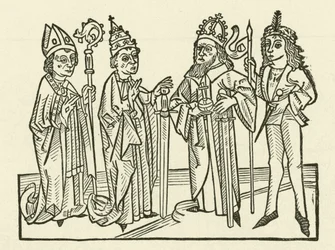 The Holy Roman Emperor and the Pope, accompanied by a knight and a bishop, holding swords, symbolising judicial power in their lands