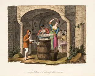 Neapolitans Eating Macaroni, from Italian Scenery, representing the Manners, Customs and Amusements of the different States of Italy, pub. 1806
