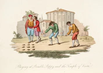 Playing at Bomble Puppy and the Temple of Vest, from Italian Scenery, representing the Manners, Customs and Amusements of the different States of Italy, pub. 1806
