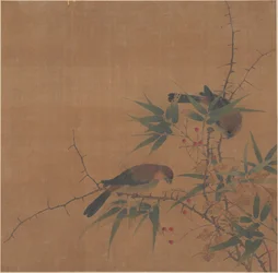 Bamboo Branch with Berries and Birds