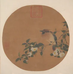 Branch of Tree with Flowers and Bird of Waxwing Family