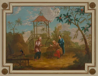 Overdoor Piece with Three Figures Around a Birdcage