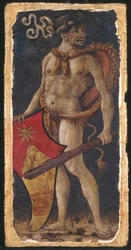 Wild Man Supporting a Shield, Facing Right