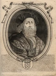 Dynasty of the Merovingians: Portrait of Childeric III (714-755) King of the Franks - Engraving from 