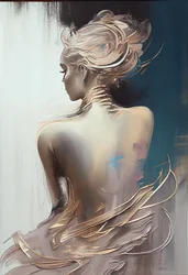A clothed woman sitting viewed from behind, silhouette painting