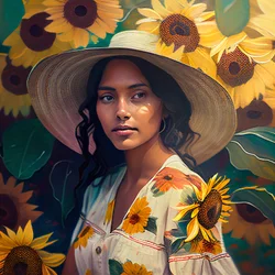 Abstract Beautiful Mexican Girl & Sunflowers Background