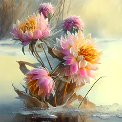 Abstract Pink and Yellow Dahlias Bent by Icy Wind