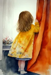 Little Girl Playing Hide, Watercolor