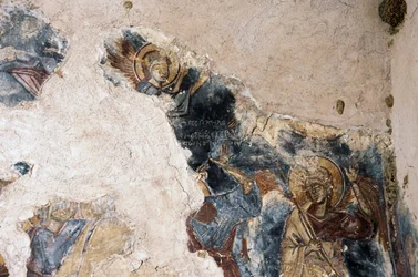 Angel and saint, detail from fresco in church of Agios Georgios Apodoulou, Apodoulou, Crete, Greece