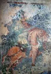 Man on horseback with sword, fresco in Byzantine church of Agios Athanasios, Kefali, Crete, Greece