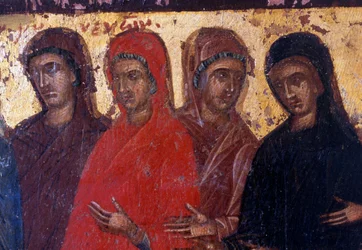 Pious women, wood panel in Byzantine church of Palea Roumata, Crete, Greece