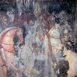 Saint on horseback, fresco in church in Palaia Roumata, Crete, Greece