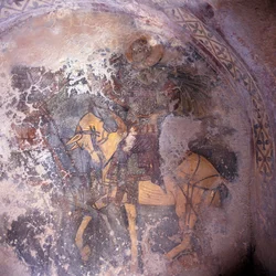 Saint on horseback, fresco in church in Prodromi, Crete, Greece