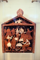 Ninnion tablet, ex-voto depicting Iacchus leading procession in front of Demeter and Persephone, ca 370 BC, found in Sanctuary of Eleusis, Garcia, Greek civilization, late 4th century BC