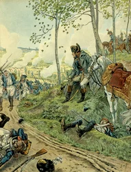 Campaign of Italy: Napoleon I Bonaparte at the Battle of Marengo on 14 June 1800 in Piemont, opposing the Napoleonic and Austrian armies. Illustration by Jacques Marie Gaston Onfray de Breville dit JOB