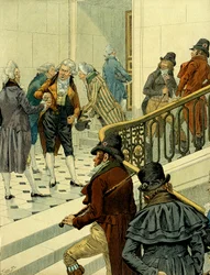 First empire of Napoleon I Bonaparte: meeting in the staircase of the Tuileries between returning emigres and the former revolutionaries. Illustration by Jacques Marie Gaston Onfray de Breville dit JOB. Private Collection