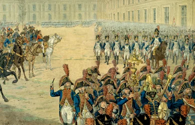 First review of the consular guard in the courtyard of the Tuileries by Napoleon I Bonaparte (1769-1821)