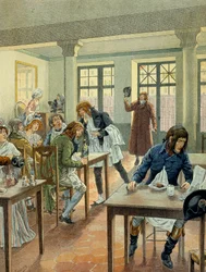 French Revolution of 1789: Napoleon I Bonaparte (1769-1821) young at the gargotier Justat, from the rue des petits peres (Petits-Peres) in Paris, reduced to a single dish which he paid for 6 under the portion. Illustration by Jacques Marie Gaston Onfray de