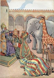 History of France. Scene of the life of Charlemagne in toys: Caliph Haron Al Rashid gives the King of France Charlemagne (742-814) a giraffe, an elephant and a clock. In Joujoux a l