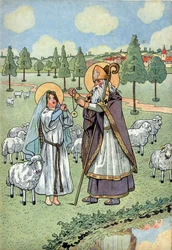 History of France. Scene from the life of Saint Genevieve with toys: Bishop Saint Germanus of Auxerre (V.378-448) places the medal falling from the sky around the neck of Saint Genevieve (v.423-512), a shepherdess who kept her sheep in Nanterre. In “Let