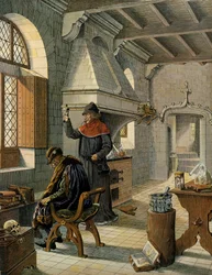 History of France in the Middle Ages: Jacques Coictier, first doctor of King Louis XI preparing a remedy. Illustration by Jacques Marie Gaston Onfray de Breville dit JOB