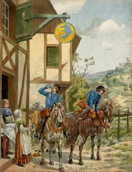 History of France in the Middle Ages: post service under the reign of King Louis XI called the Prudent. Horseback Postal stationing at an inn. Illustration by Jacques Marie Gaston Onfray de Breville dit JOB