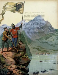 History of France in the Middle Ages: the troops of Charles the Temeraire, Duke of Burgundy, enter the country of Vaud in Switzerland. Illustration by Jacques Marie Gaston Onfray de Breville dit JOB