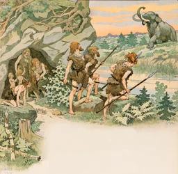 During prehistory, cave men protect their families from a mammoth attack