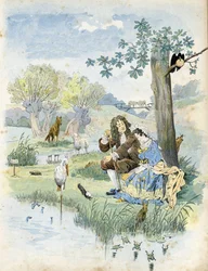 Jean de La Fontaine (1621-1695) talking to a young girl. Around them, animals present in the fables of the poet: wolf, lamb, stork, turtle, rat, frog, hare, fox, raven... in 