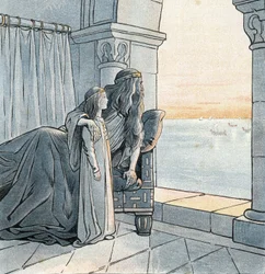 King Charlemagne observes the arrival of Viking drakkars on the Seine in the 9th century. in 