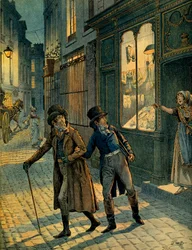 Louis Antoine Fauvelet de Bourrienne (1769-1834) and Napoleon I Bonaparte (1769-1821) in the streets of Paris incognito