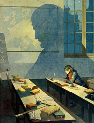 Napoleon I Bonaparte studying at the Royal Military School of Brienne. Its shadow falls on the geographic map of Europe. Illustration by Jacques Marie Gaston Onfray de Breville dit JOB