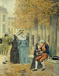 Napoleon I Bonaparte visited his sister Elisa Bonaparte at the royal house of Saint Cyr. Illustration by Jacques Marie Gaston Onfray de Breville dit JOB