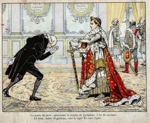 Napoleon and notary Raguideau, morning of the coronation, 1804 - lithograph by Job (Jacques Onfroy de Bréville) from “Le Grand Napoléon des Petits Enfants”, 1893