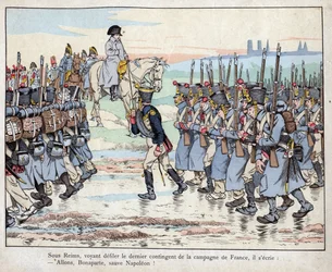 Napoleon looks at the last contingent of the army in the French countryside near Reims, March 16