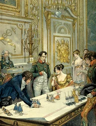Rehearsal of the procession during the coronation by the painter Isabey (1767-1855) in the presence of Joséphine de Beauharnais (1763-1814) and Napoleon I Bonaparte (1769-1821) at the Palace of Fontainebleau. Illustration by Jacques Marie Gaston Onfray de
